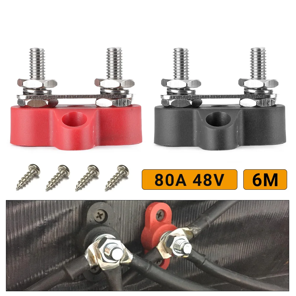 

1/4" M6 Dual Stud Terminal Block 80A DC 48V Bus Bar Power Terminal Block Positive Negative Fixed Wiring Bolts for Truck RV Boat