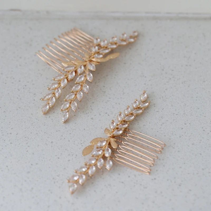 Delicate Small Comb Bridal Hair Piece Women Pins Gold Color Ziconia Wedding Jewelry Accessories