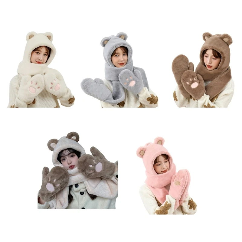 

Cute Bear Style Warm Hooded Scarf for Commute Hooded 3 In 1 Scarves for Winter Hood Scarf Hat Glove Ladies Dropshipping