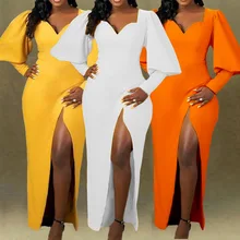 

New Solid Color and V-neck Puff Sleeve Split European and American plus Size Women's Clothes Foreign Trade Dress