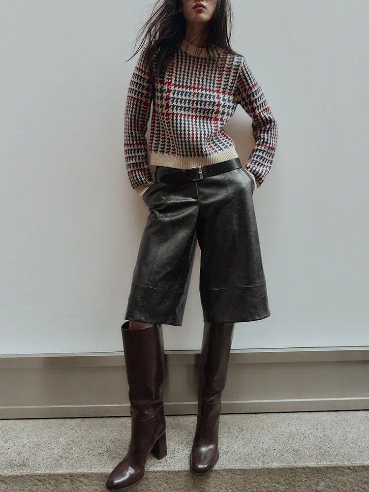 Faionable Knitted Sweater with Plaid Design Long Sve round Ne New Arrival for Women Autumn Winter ort Sle