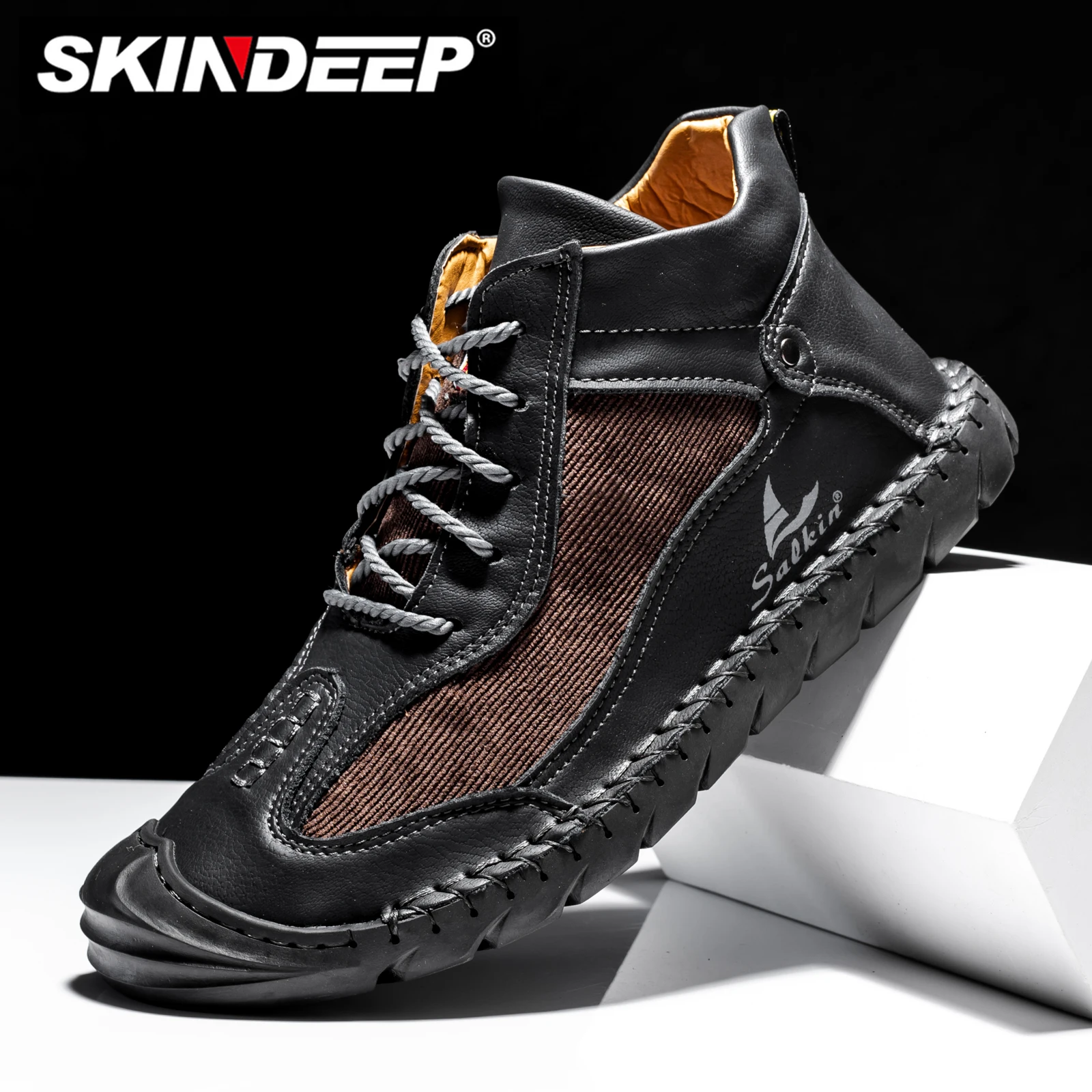 

SKINDEEP Hand-stitching Mens Leather Casual Shoes Comfortable Bota Retro Leather Ankle Boots Hot Sale Hombres Bota Large Size 48