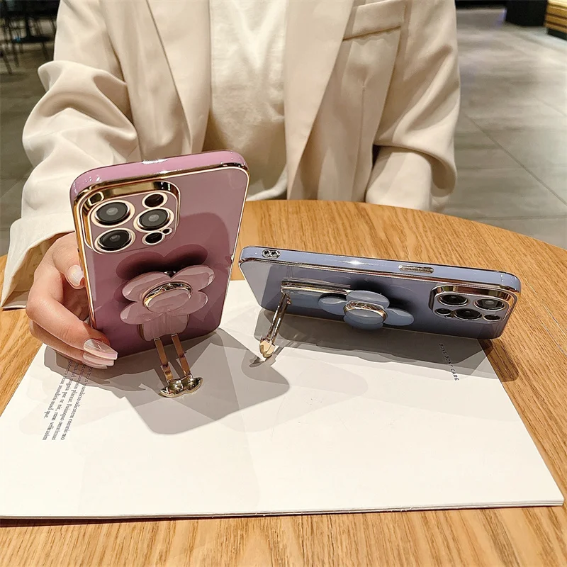 Luxury Metal Windmill Flower Plating Case For iPhone 15 14 13 12 11 Pro Max 15Plus X XS XR 7 8 Plus Soft Cover 15ProMax 14Pro