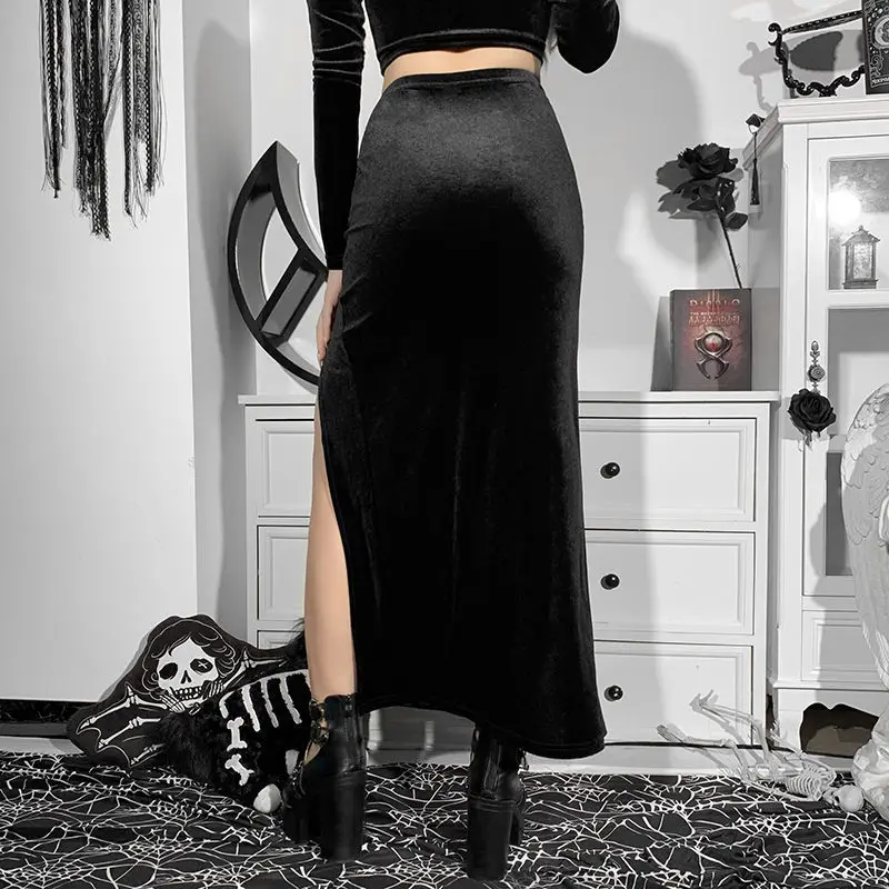 black maxi skirt Dark series skirt 2022 new design feeling minority bow Suede double-slit half-length skirt denim skirt