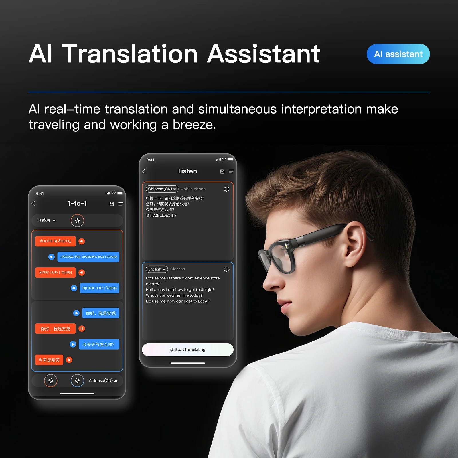 EIGIIS AI Smart Glasses Bluetooth Call With AI Voice Translate Intelligent shooting function Noise Reduction Waterproof Glasses 3