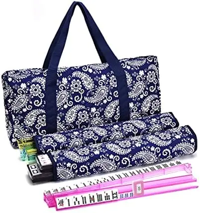 

American Mahjong Game Set, Blue Paisley Carrying Bag,166 Premium White Tiles, All-in-One Color Rack/Pushers, Chips,Wind Indicato