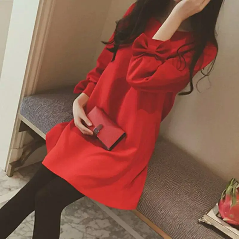 2024 autumn round collar long-sleeved maternity a-line dress for nursing pregnant women red dress breastfeeding shirts lactation