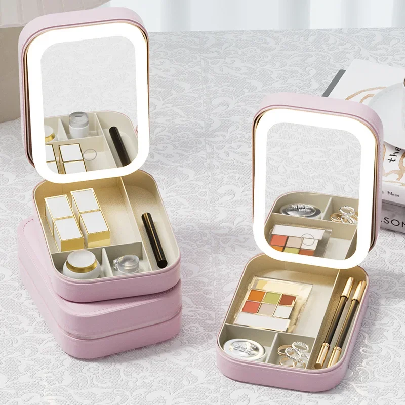 LED Mirror Makeup Storage Box Cosmetics Storage Box Fashion Portable Travel Makeup Bag Simple Makeup Case with Mirror for Woman 2