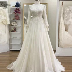 Ciynsia Elegant Lace Beaded Ivory Wedding Dresses Long Sleeves A-Line Tulle Bridal Gown Sweep Train Muslim Robe De Mariee 2024