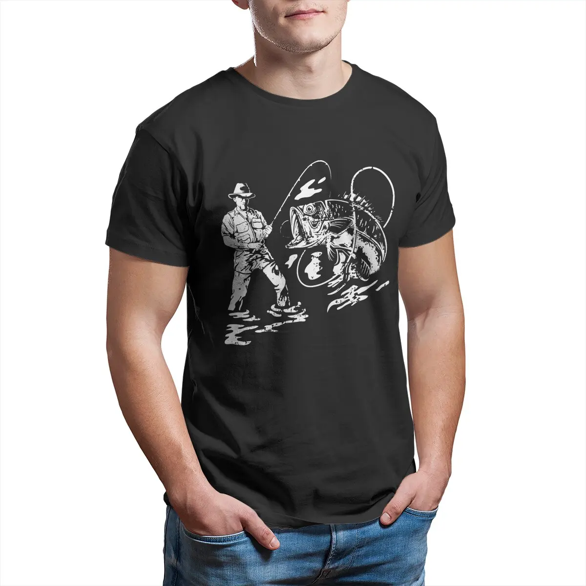 

Retro Vintage Fisherman Fishing Bass Hobby Gift Classic T Shirt for Men Casual Cotton Tee Shirt T Shirts Adult Tops