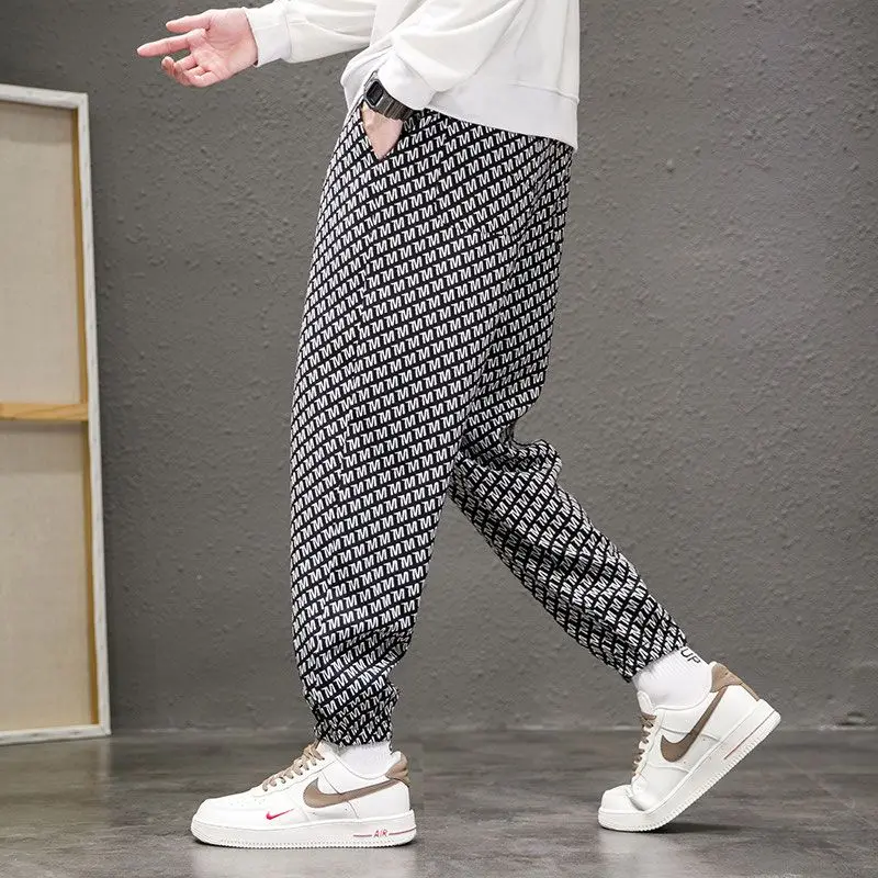 Summer New Fashion Letter Print Casual Harlan Pants Men Elastic Waist Drawstring Patchwork Pocket Loose Sports Straight Trousers