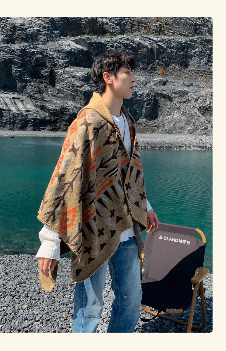 Poncho Herren Imitation Kaschmir Neue Tourismus Umhang Männlich Kapuzenwärme Schal Große Größe Druck Oberbekleidung Herbst Winter Umhänge Schals – Detail 17