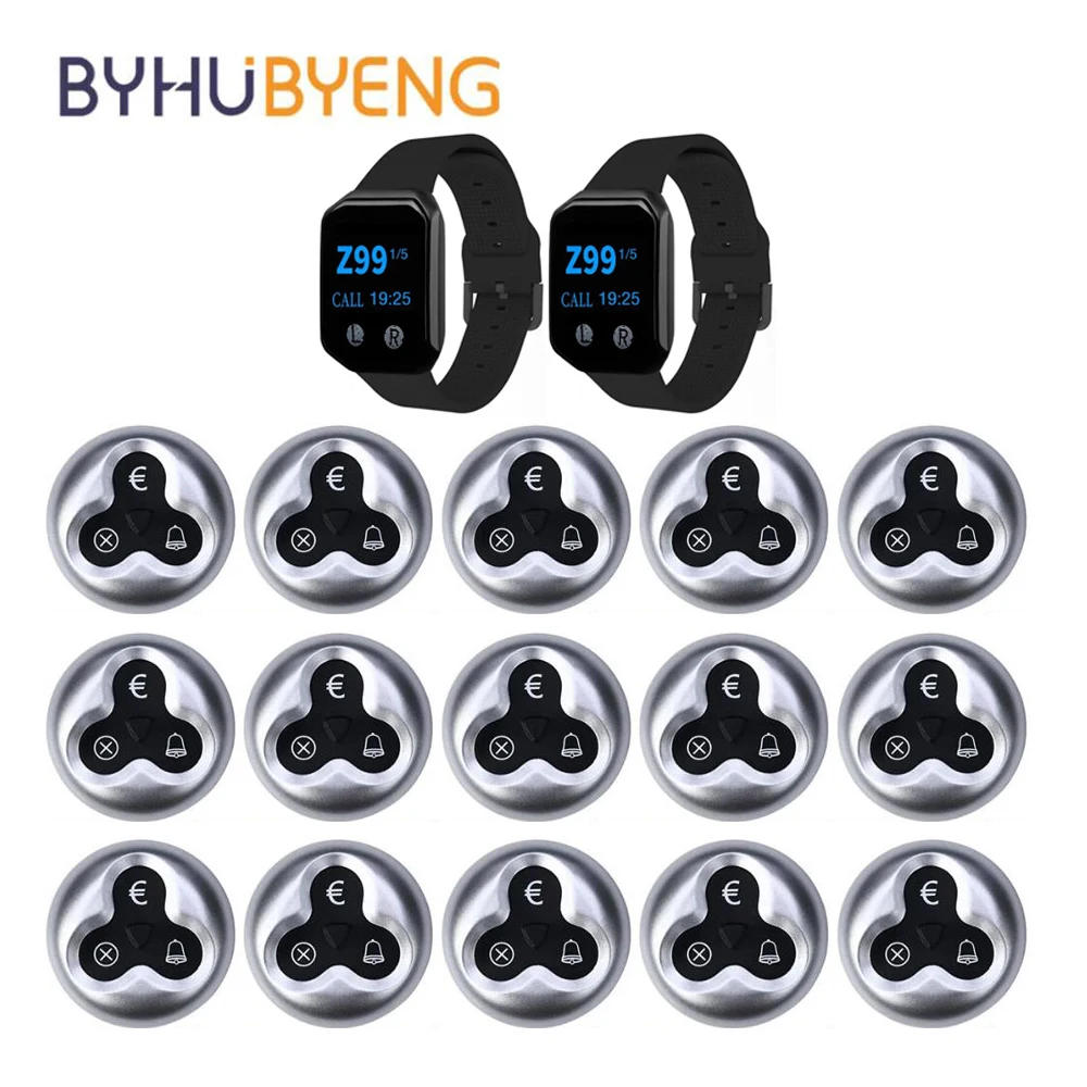 BYHUBYENG Restaurant Pager System 15 Table Call Buttons 2 Watch Receivers for Restaurant, Hotel, Wireless Waiter Calling System