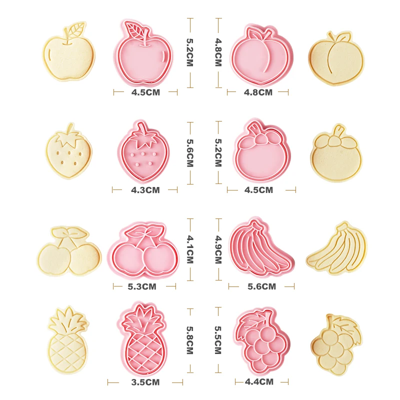 8Pcs/Set 3D Banana Peach Pressable Biscuit Mold Plastic Fondant Stamp Kitchen DIY Baking Tools Cartoon Apple Fruit Cookie Cutter