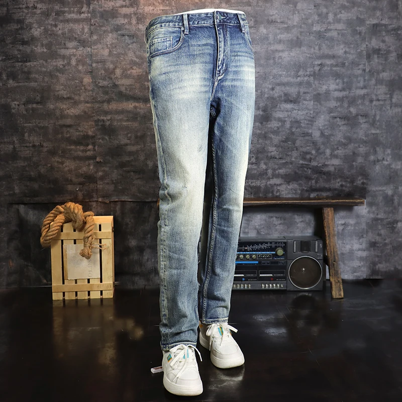 Fashion designer men's slit jeans, high-quality retro washed blue elastic slim fit jeans, men's retro casual denim pants