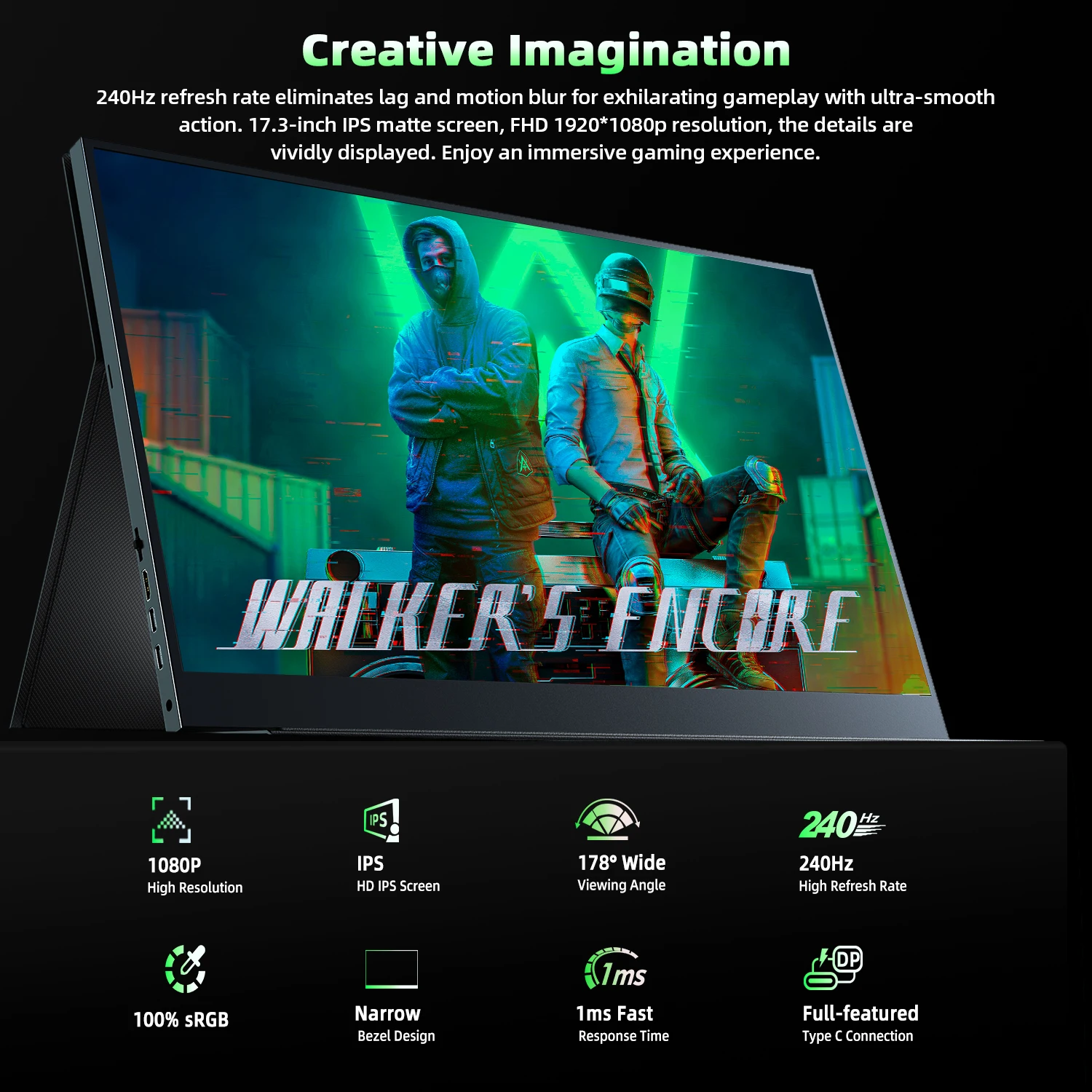 Uperfect ޴  17.3 ġ 240 Hz  ħ ӵ ޴ ÷ USB C   1920 x 1080 Ǯ HD IPS ȭ HDMI  C PC ޴ Ʈ PS4 PS5