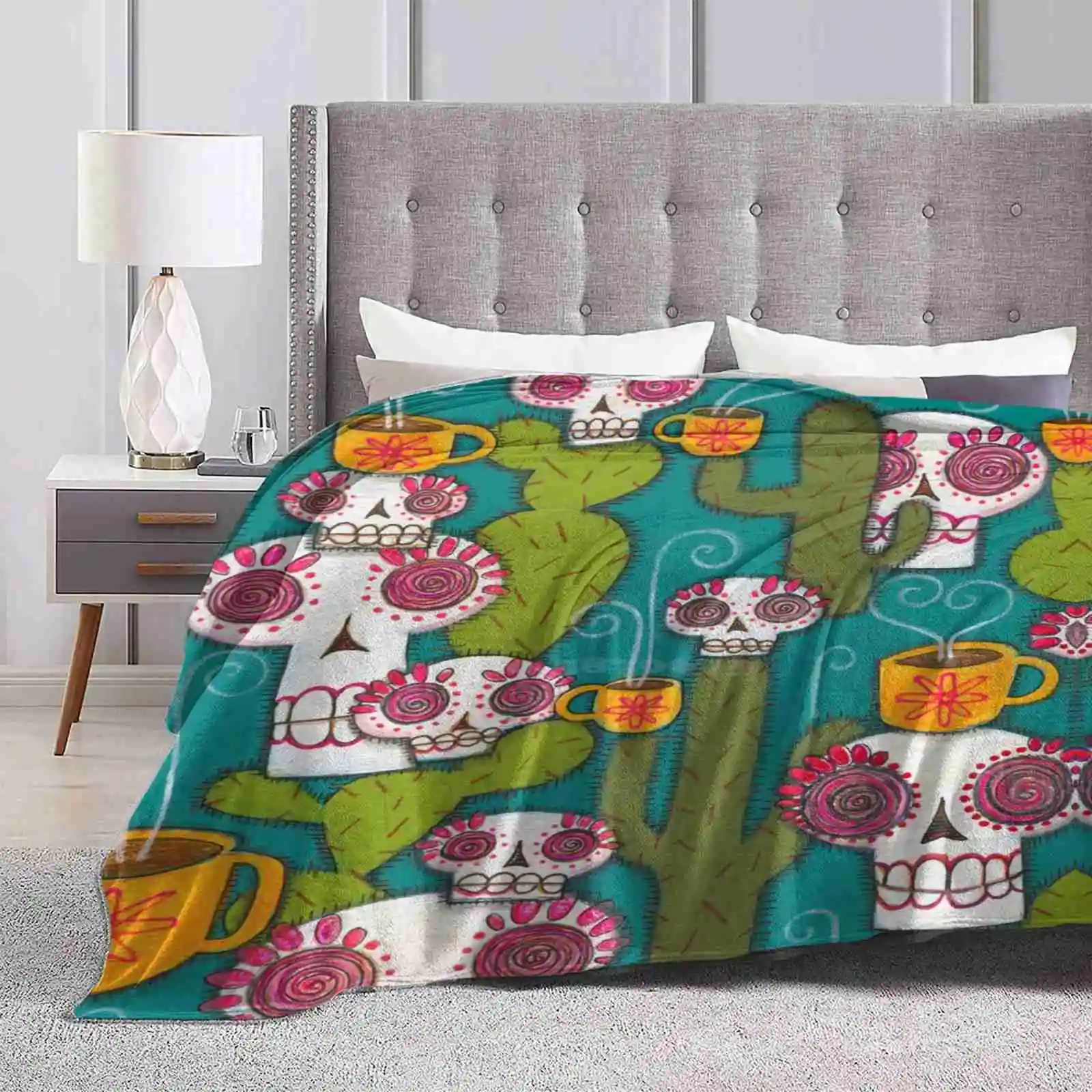 

Skulls , Cacti And Atomic Coffee Four Seasons Comfortable Warm Soft Throw Blanket Skeleton Sugar Skull Day Of The Dead Painting