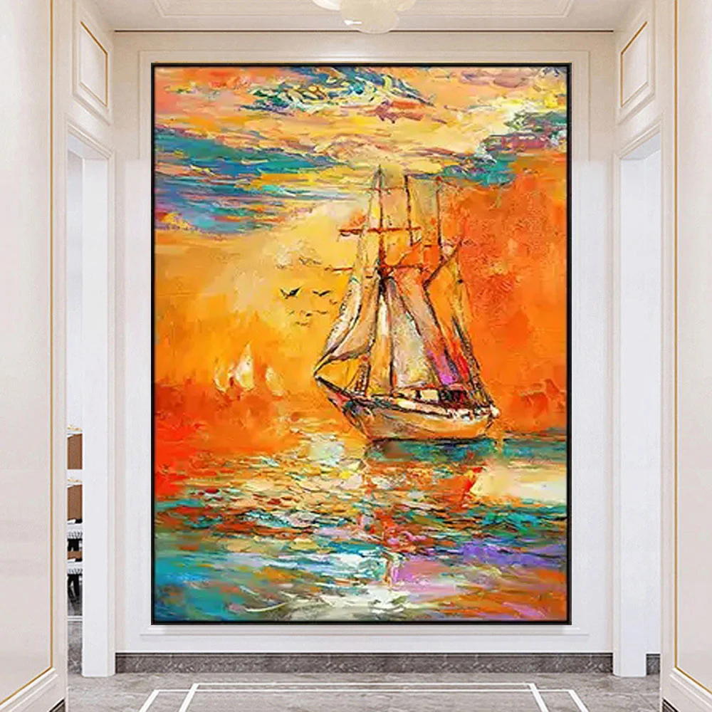 

Pure Hand-Painted Sailboat Oil Painting Canvas Seashore Scenery Sunrise Sunset Modern Abstract Boat Art Living Room Home Porch