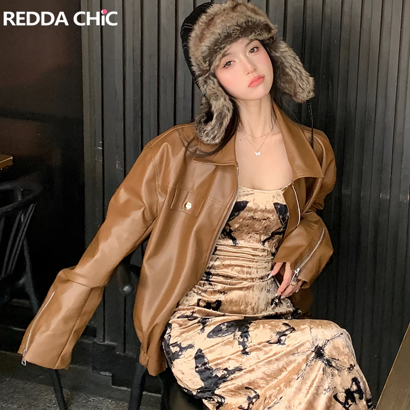 

REDDACHiC Maillard Style Brown Leather Jacket for Women Windbreaker Demi-season Oversized Coat Vintage 2000s Cowgirl Outerwear