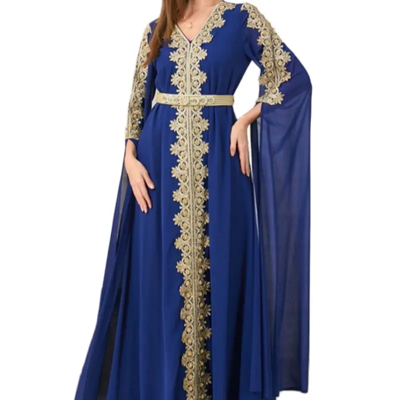 

Woman's Evening Dress Elegant Long Sleeve Chiffon Party Dress Floral Embroidery Lace Panel Belted Jilbab Abaya Moroccan Caftan