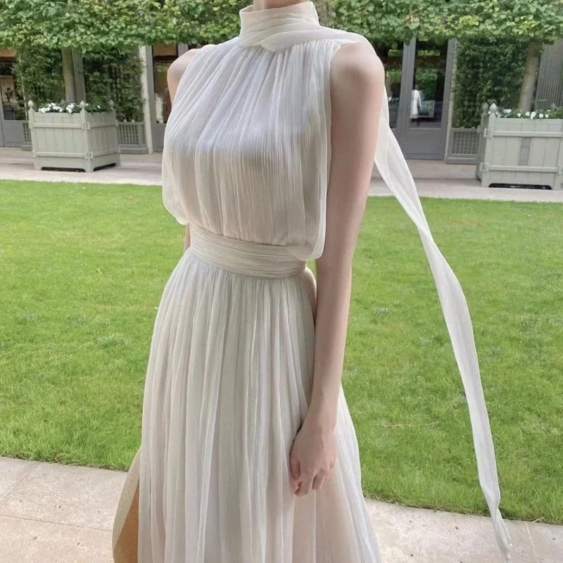 Vestido De Verano Elegante para Mujer Escote En V Plisado Cintura Vestido De Verano Elegante para Mujer Escote En V Plisado Cintura