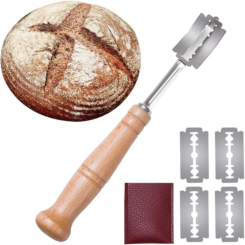 LMETJMA Premium Stainless Steel Bread Lame with 5 Replacement Blades Curved Baguette Bread Cutter with Wooden Handle JT172 BEST SELLERS