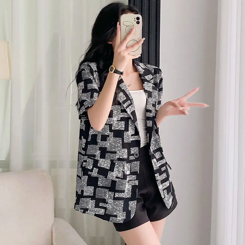 Original Design Women's Summer New Jackets Korean Loose Geometric Printed Button Collar Short Sleeve All-match Thin Suit Coats