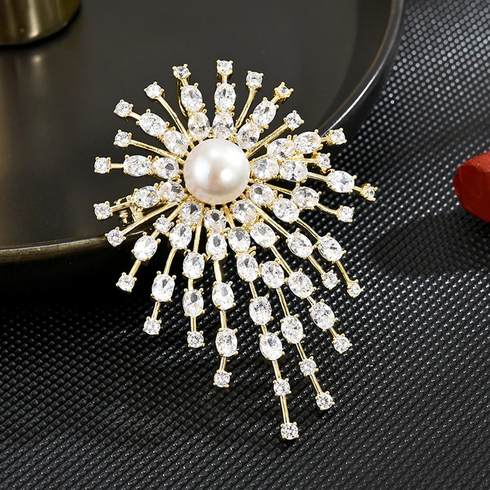 Korean Luxury Full of Rhinestone Sun flower Brooches For Women Big Pearl Brooch Pins Jewelry Accessories For Clothing Suit