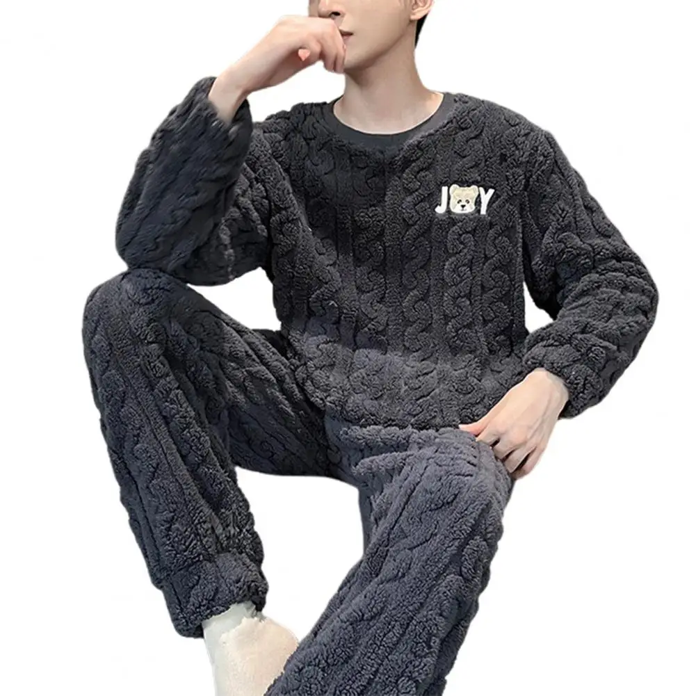 

Solid Color Pajama Set Men's Winter Pajamas Set with Round Neck Long Sleeve Thick Twisted Texture Elastic Waist Warm Soft