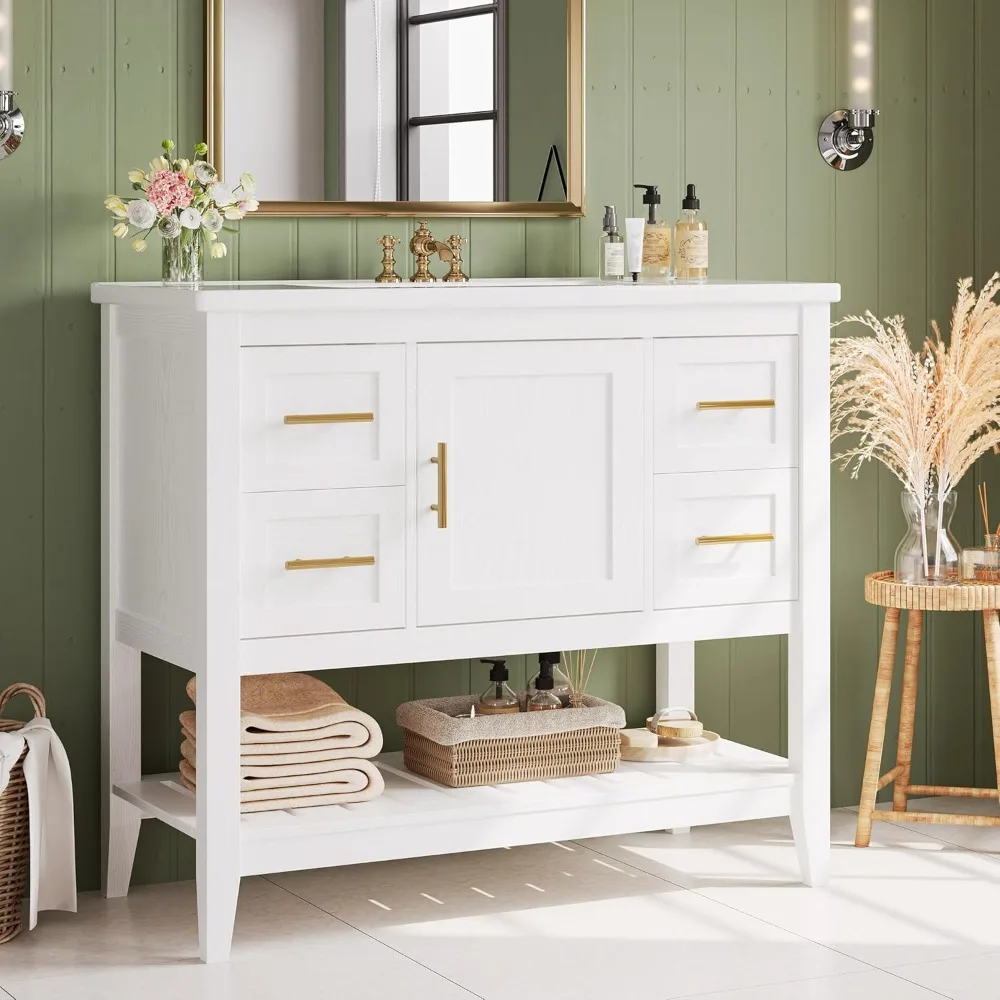 Bathroom Vanity with Sink,36"Modern Undermount Bathroom Sink Cabinet with 4 Drawers&Open Shelf,Vanity Sink with Charging Station 2