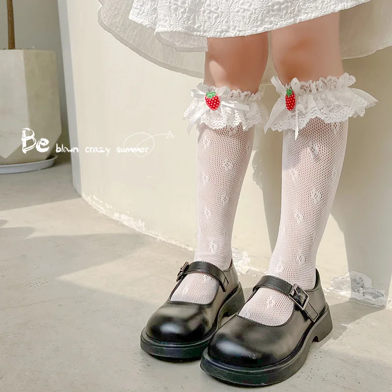 3-8Y 2022 Spring And Summer Striped Bow Mid Tube Lace Socks Mesh Lace Girls Socks