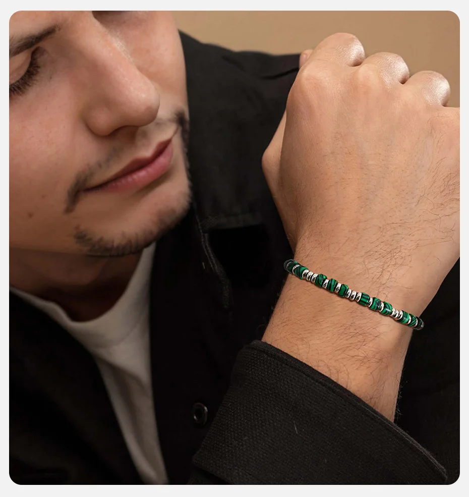 Vnox Herren-Armband aus silberfarbenen Metallperlen und Naturstein, verstellbares 15–20 cm großes Kristallrad-Perlenarmband, Schmuck, Geschenk, neu – Detail 4
