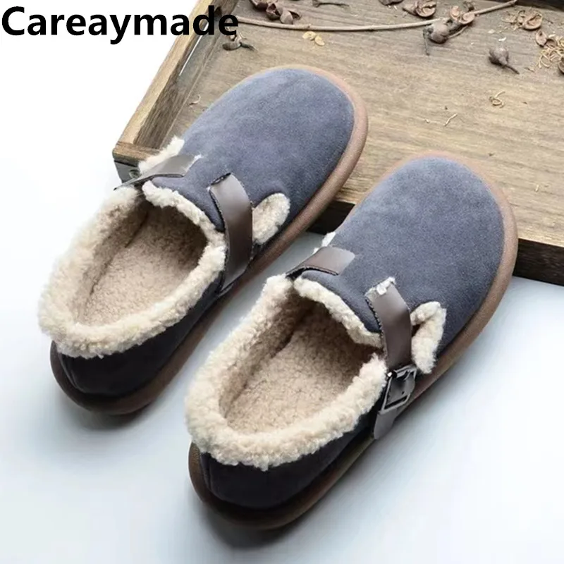 

Careaymade-Genuine leather Women's Shoes winter Round Toe Plush Flats Bean Shoes Soft Sole Lefu Oversized Cotton Shoes size35-43