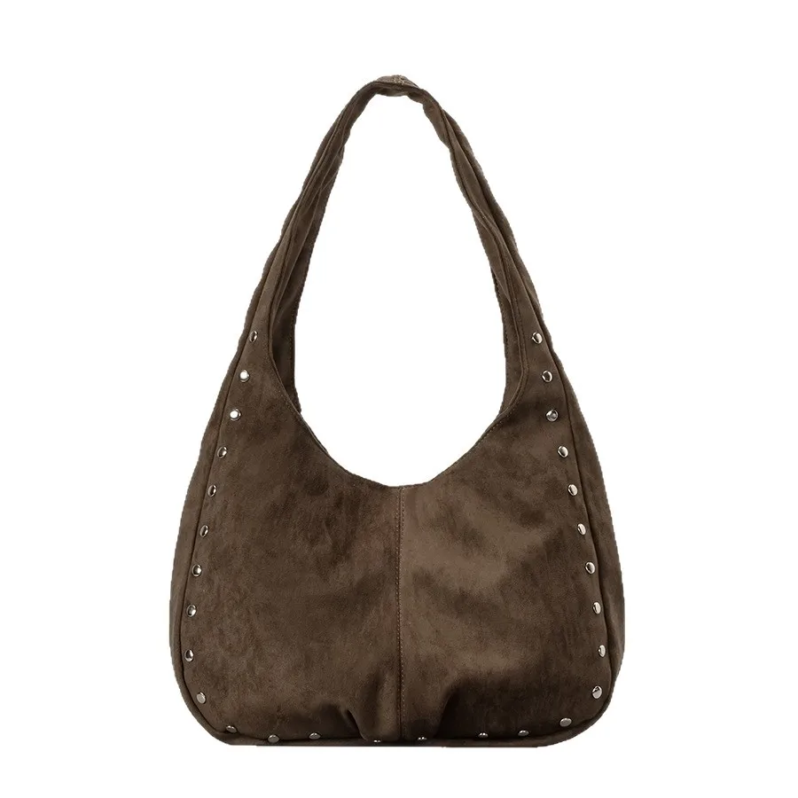 Vintage Large Capacity Faux Suede Women Shoulder Bags Punk Rivet Lady Handbags Luxury Soft Pu Leather Tote Bag Trend 2025