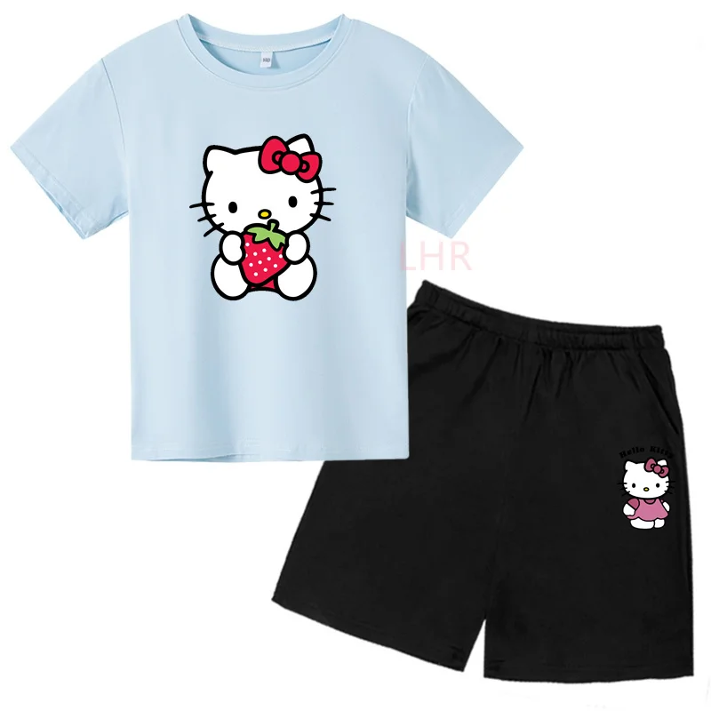 

Детские летние футболки и шорты с рисунком Hello kitty, подходящие для мальчиков и девочек, повседневные футболки с круглым вырезом и коротким рукавом