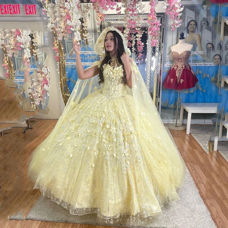 

Light Yellow Quinceanera Sweet 16 Dresses Lace Applique 3D Flower Off Shoulder Lace-up Prom Ball Gowns Graduation 7th