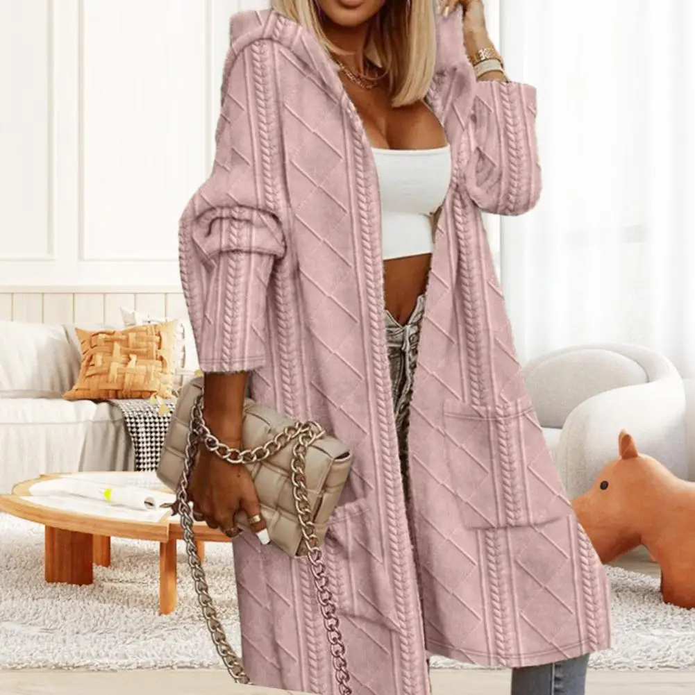 

Women Fall Winter Sweater Coat Applique Hooded Solid Color Thick Knitted Loose Mid Length Pockets Cardigan Open Stitch Lady Swea