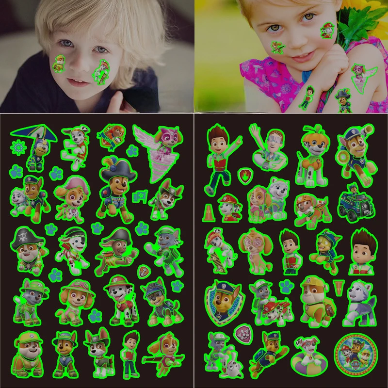 Paw Patrol Luminous Tattoo Sticker Bambini Arm Face Glowing Tattoo Bambini Body Tattoo Ryder Marshall Macerie Sticker