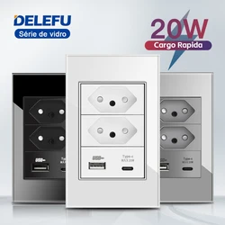 DELEFU Tempered Glass Panel Fast Charge Type C USB Socket White Black Gray 118*72mm Usb Wall Outlet 10A 20A  Standard Brazil