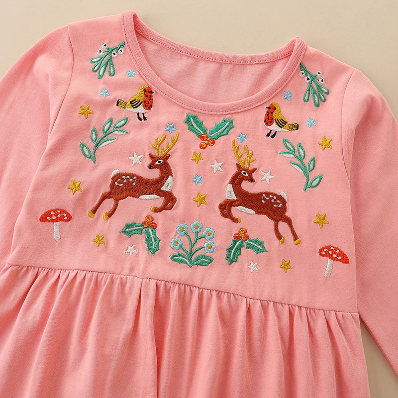 2025 Kids Clothes for Baby Girls Long Sleeves Dress Cotton Embroidery Deers Children's Casual Clothes