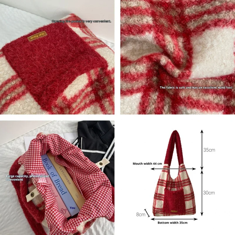 New Arrival Autumn Winter Fuzzy Mixed Bag Christmas Red Checked Single Shoulder Tote Barn Style Striped Chic