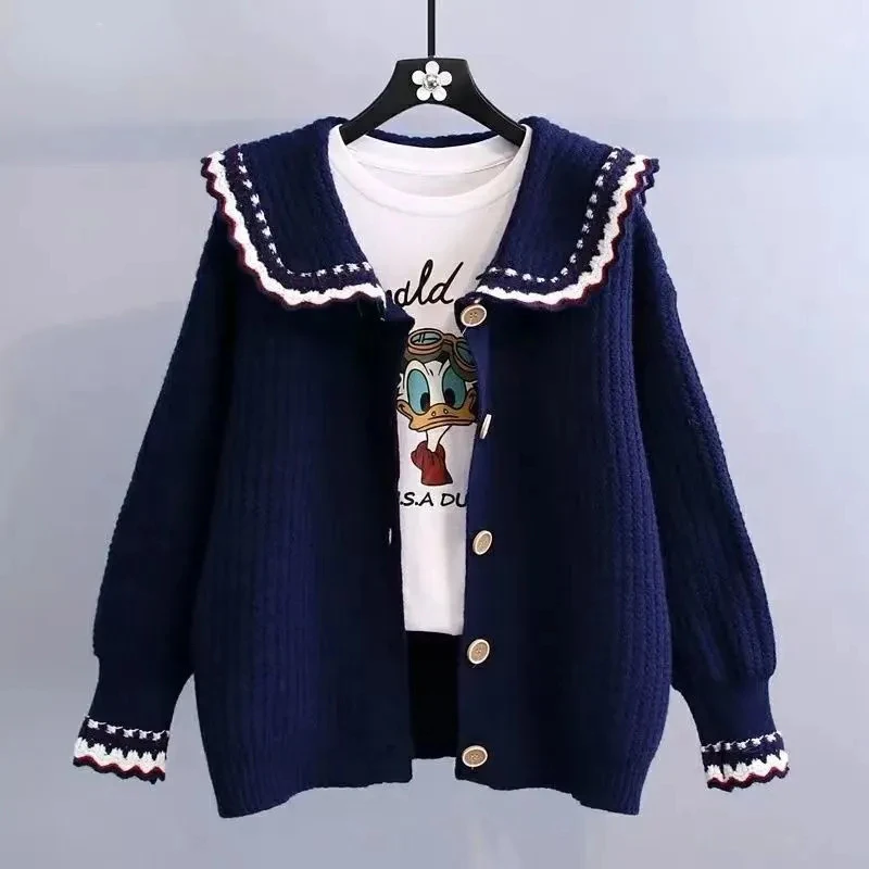

New Sweet Peter Pan Collar Hit Color Single-breasted Cardigan Women Autumn Loose Knitted Sweater Casual Basic Women Sweater N472