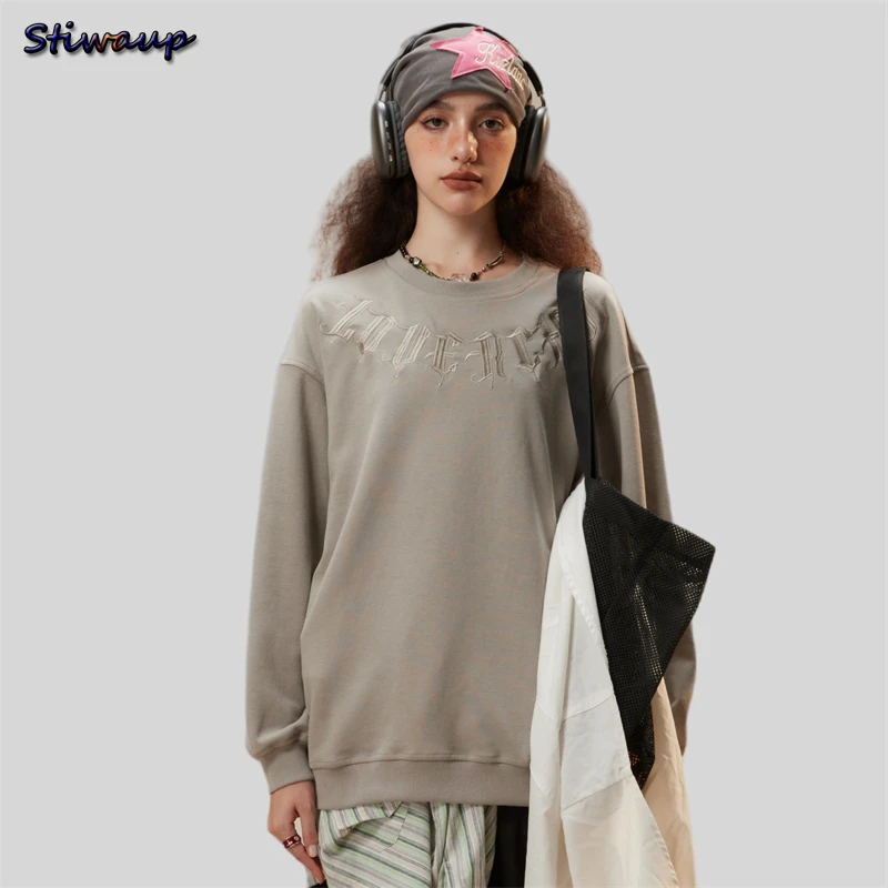 

Women Round Neck Sweatshirts Y2k Man Long Sleeve Tees Simple Stylish Oversize Sweatshirt Solid Embroidery 90s Vintage Clothes