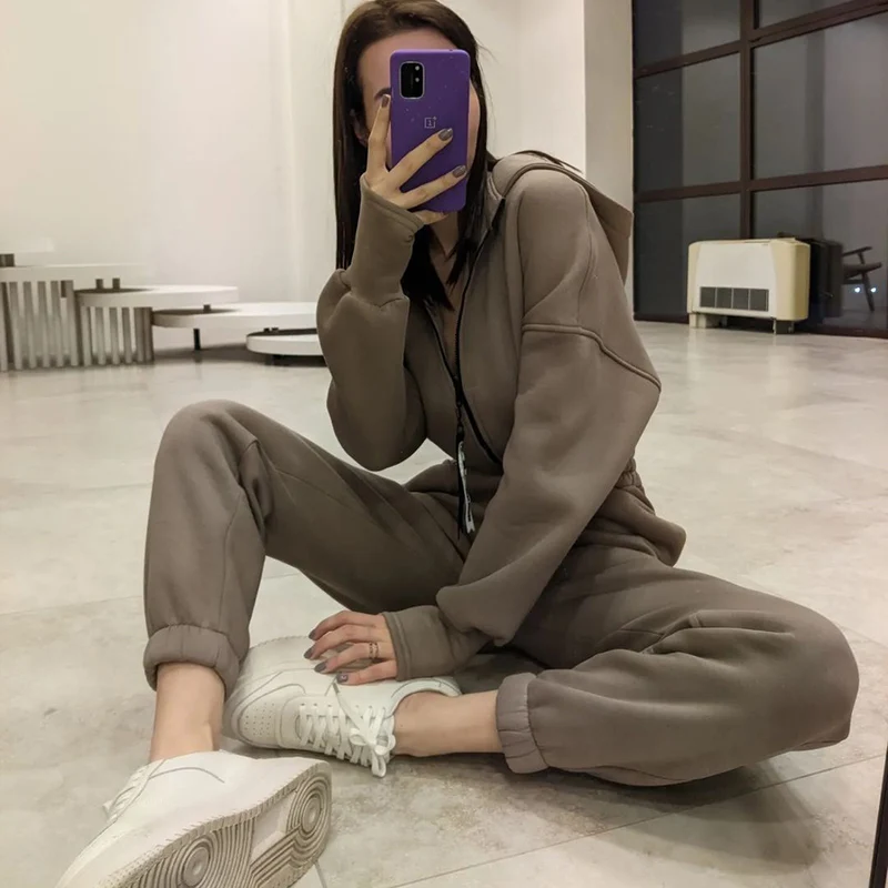 Winter Hoodie Jumpsuit Elegant Women Outfits High Waist Long Sweatshirt Sweatpant Zipper Up Tracksuit Female Fall Clothing