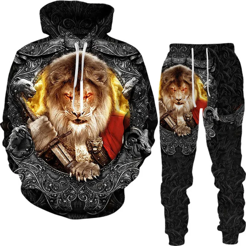 

Autumn 3D Printed Ferocious Lion Tiger Men Pullover+Sweatpants 2Piece Set Casual Oversized Tracksuits Streetwear Hoodies Suit