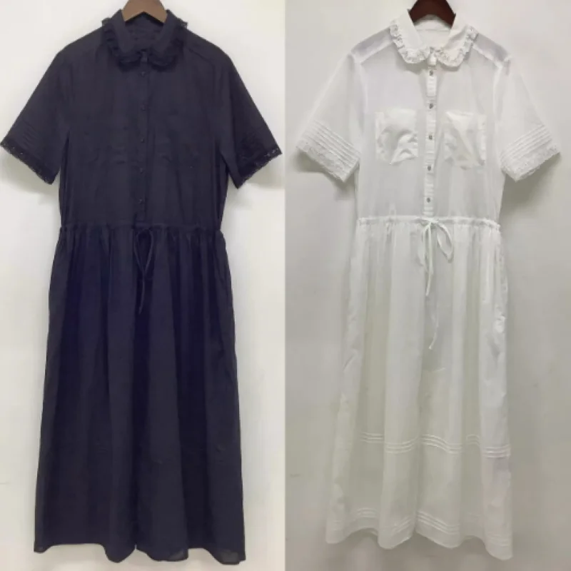 

Women 100% Cotton Midi Robe Lace Trim Turn-down Collar Short Sleeve Skull Buttons Double Pocket Elegant Summer 2024 Dress
