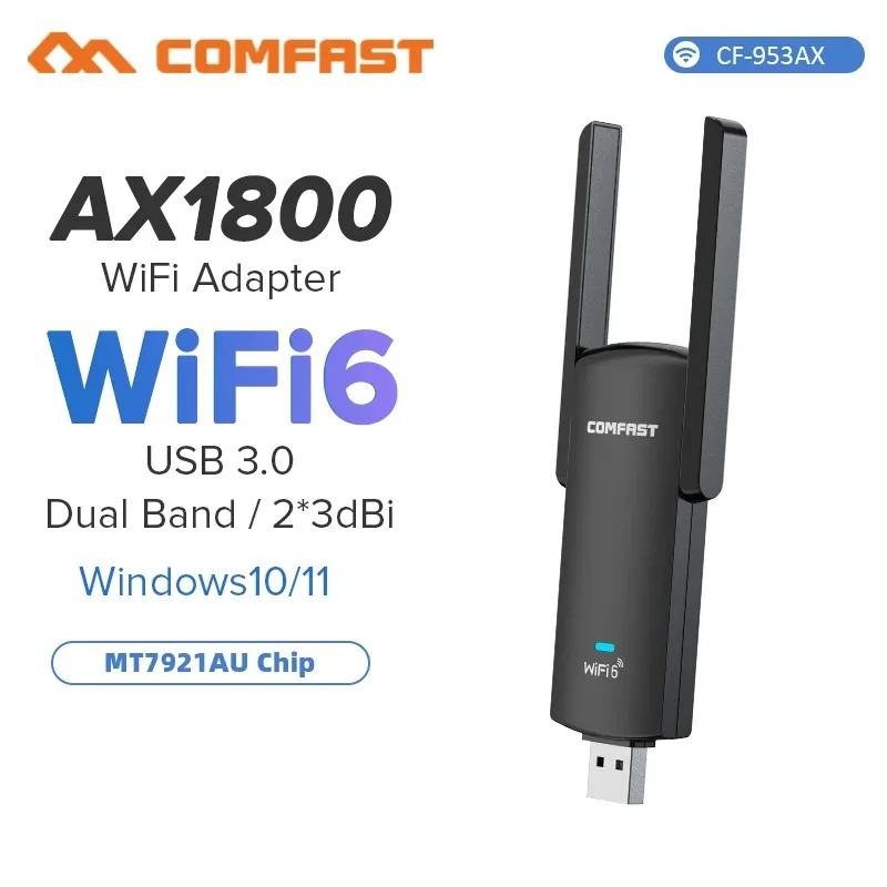 Adaptador Comfast-usb 3.0 Placa de Rede de Alta Velocidade Dongle Win10 11 Receptor pc 1800mbps 1800mbps 2.4g 5g Dongle Cf-953ax