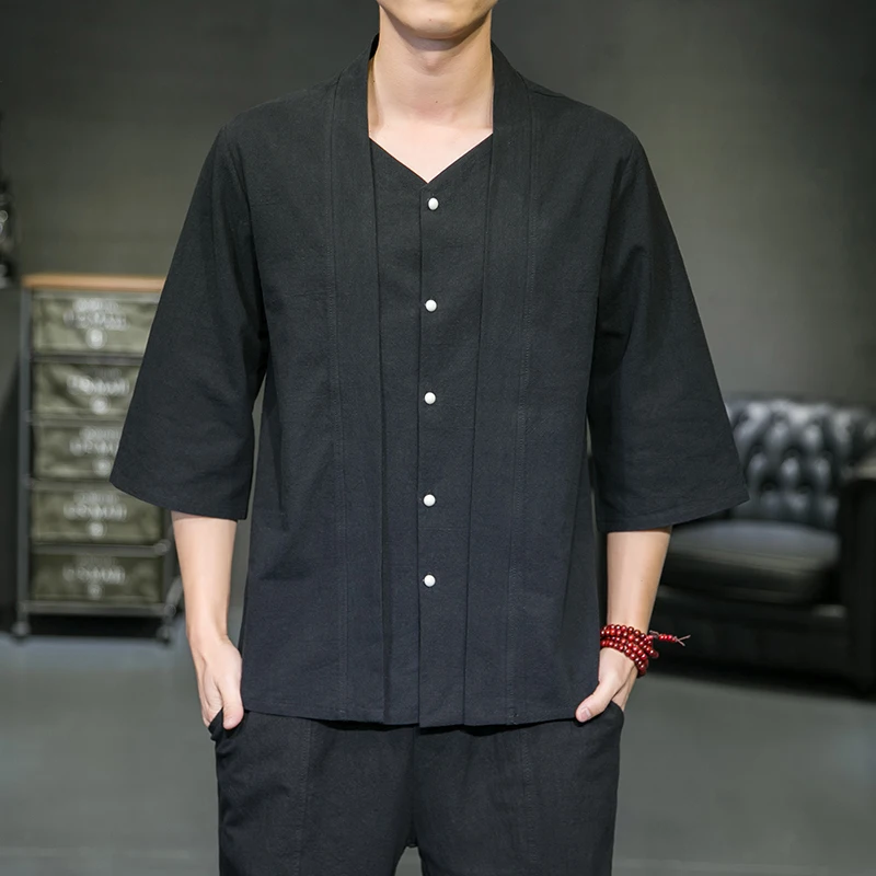 

Chinese Style Summer Shirt Men Cotton Linen Tang Suit Hanfu Retro Stand-Up Collar Zen Clothes Harajuku Tops Clothes Men Clothing