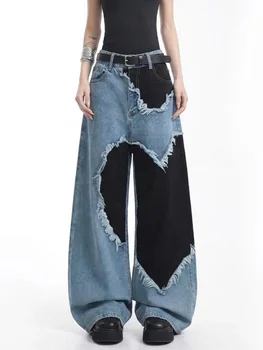 2026 Ropa Y2K Fashion Vintage Blue Heart Patchwork Baggy Women's Jeans 1