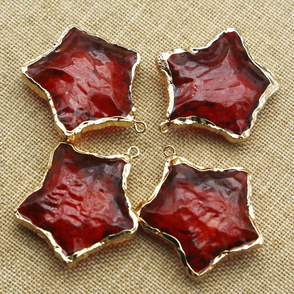 Natural Raw Ore Red Crystal Five Pointed Star Gold Eedged Necklace Pendant Mineral Healing DIY Jewelry Accessories Wholesale 8Pc